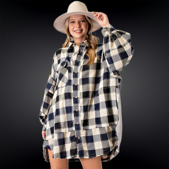 EASEL "Picnic Flannel" Oversize Cotton Shirt Dress Wide Sleeve Pockets Raw Seams - Picture 14 of 15
